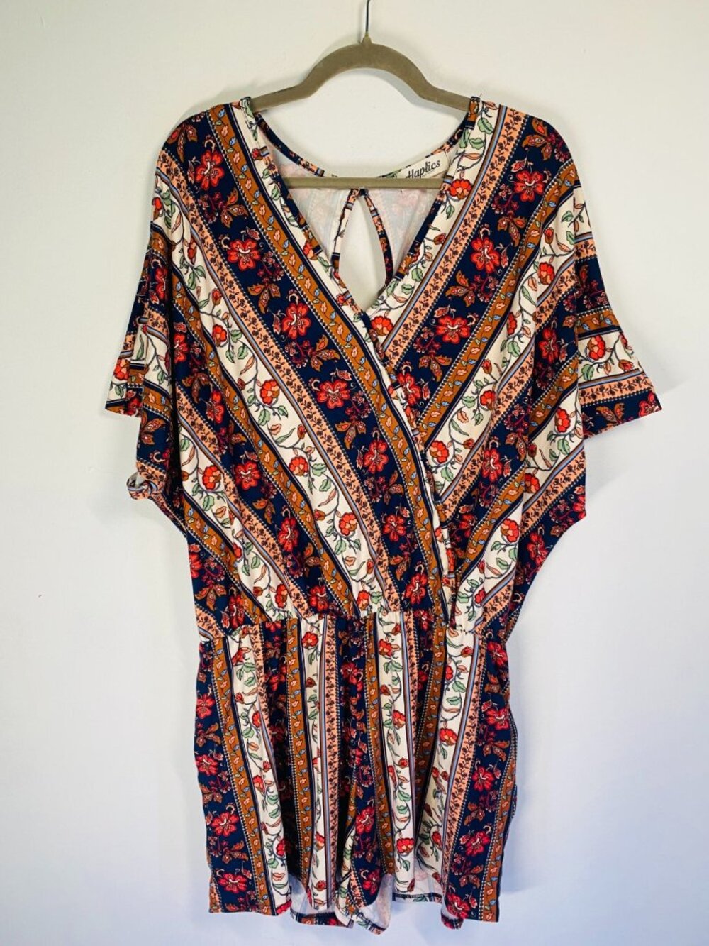 Haptics Womens Boho Floral Striped Romper With Keyhole Back & Short Sleeves 3X